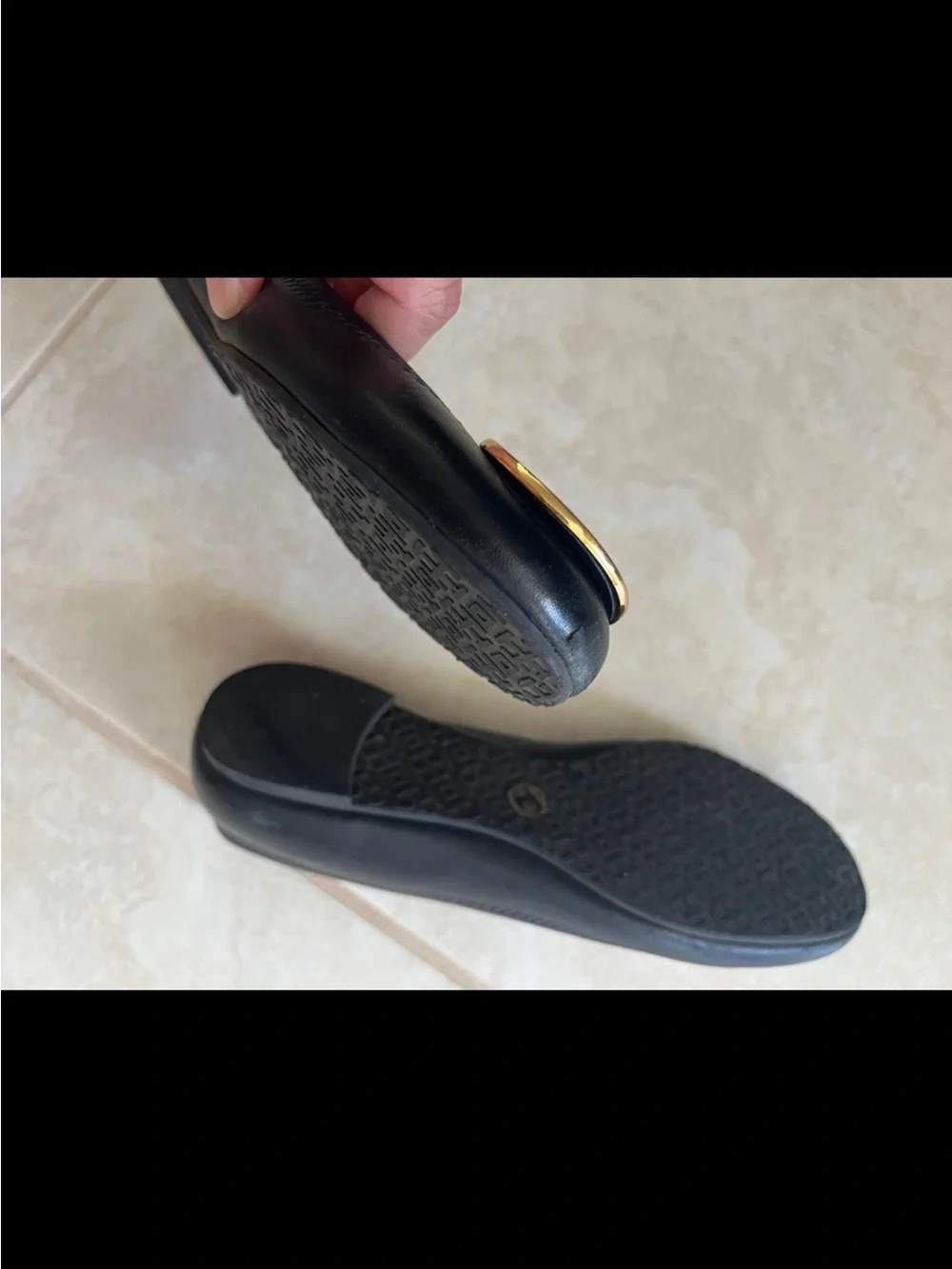 Tory Burch Black Leather Reva Ballet Flats with Gold Logo